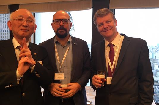 Tsutomu Tanaka of Tanaka International with Stephan Roussounis of English in Cyprus and Andrew Edwards of LSI Portsmouth