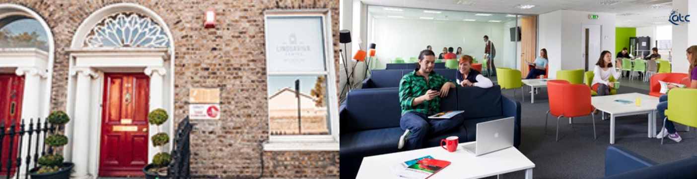 international students socialising in a school lounge while studying English